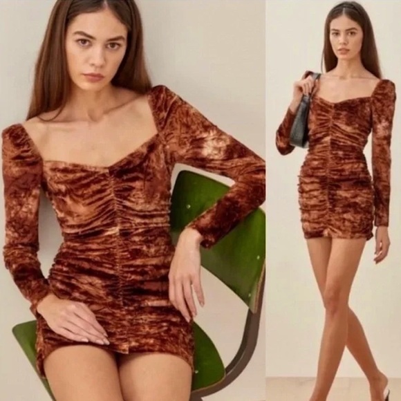 Reformation Heath Dress in Cooper | Brown Marble Ruched Long Sleeve | Size Small - Picture 1 of 5